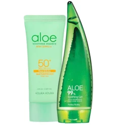 Holika Holika Aloe Soothing Essence Waterproof Sun Gel Żel przeciwsłoneczny z aloesem SPF50+ NOWA FORMUŁA 100ml + Aloe 99% Soothing Gel Wielofunkcyjny żel aloesowy 250ml