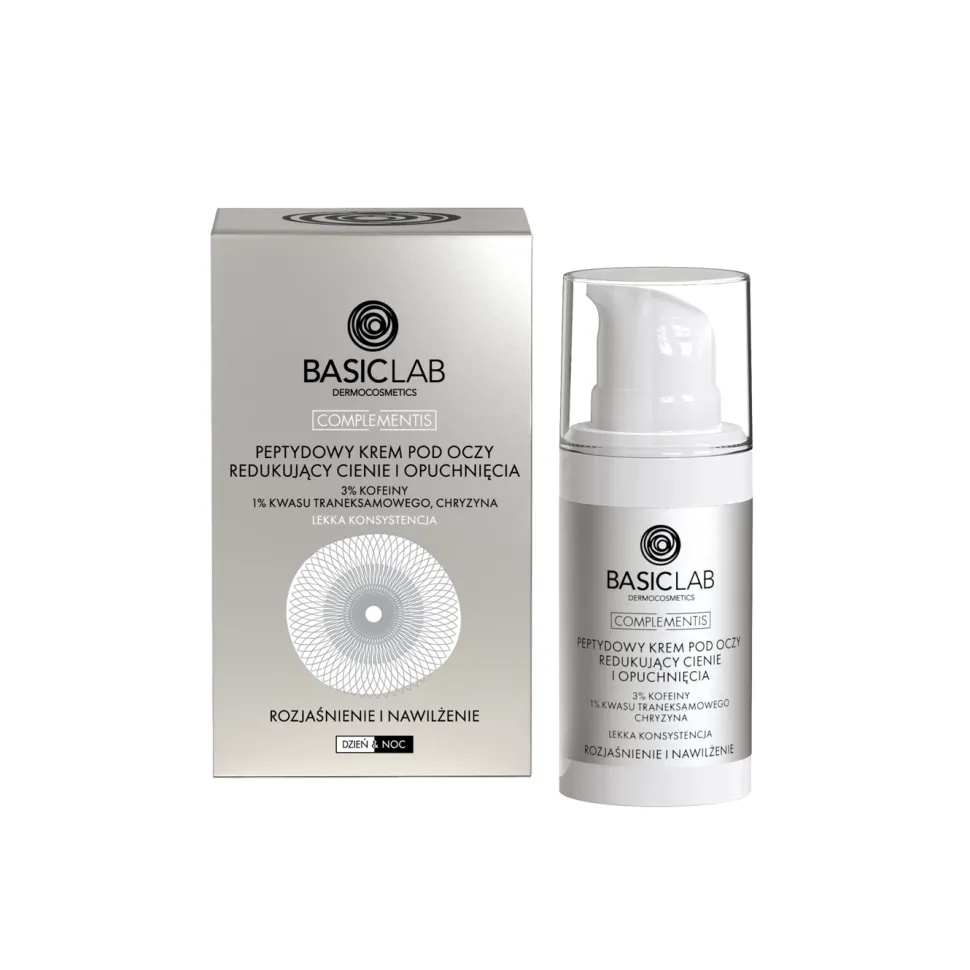 Peptydowy krem pod oczy redukujący cienie i opuchnięcia 3% kofeiny Lekka Konsystencja ROZJAŚNIENIE I NAWILŻENIE 15ml
