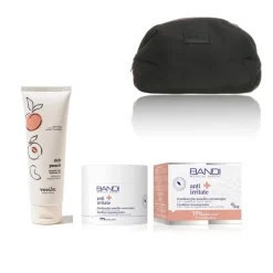Resibo Rich Peach Naturalny żel myjący do twarzy + Bandi Professional Emoliencyjne masełko oczyszczające + MINTI Collection Small Pillow Puff Bag Black Miękka kosmetyczka