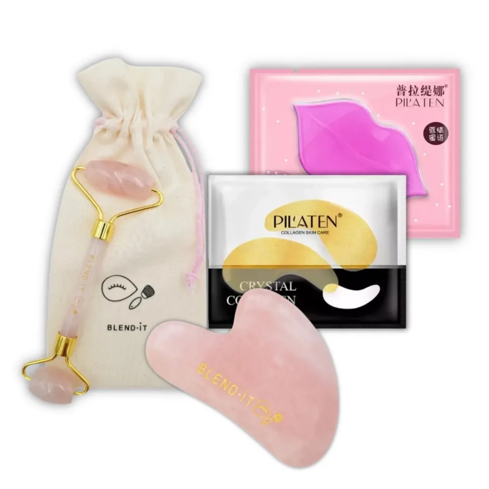 roller + kamień GUA SHA+ maseczka do ust + płatki pod oczy